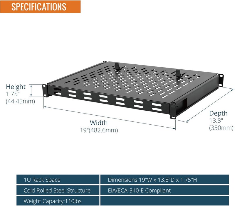 Tecmojo 1U Sliding Rack Shelf,4-Post Vented Rack Mount Shelf,13.8in Deep with Adjustable Mounting Depth 13.8-19.7in,Supports to 110lbs,for 19 Inch AV/Network Equipment Rack,Unassembled,Black - Image 2